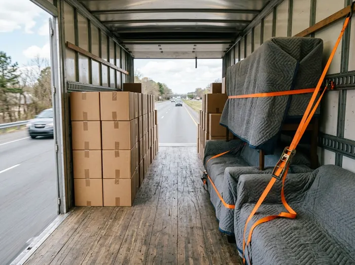 Gesicherte Ladung mit Decken und Spanngurten im Umzugswagen
