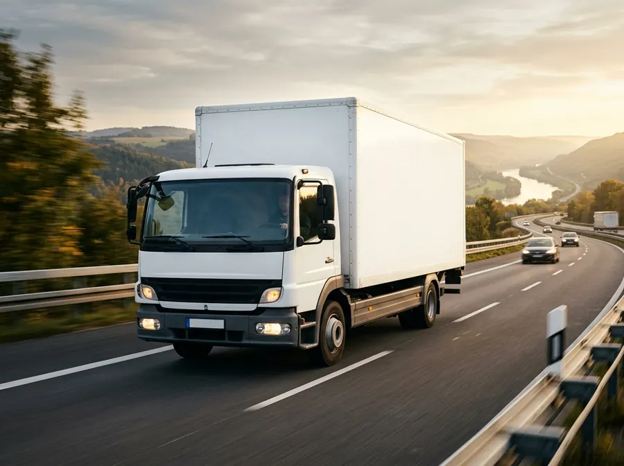 Weißer Umzugswagen auf der Autobahn bei einem deutschlandweiten Fernumzug