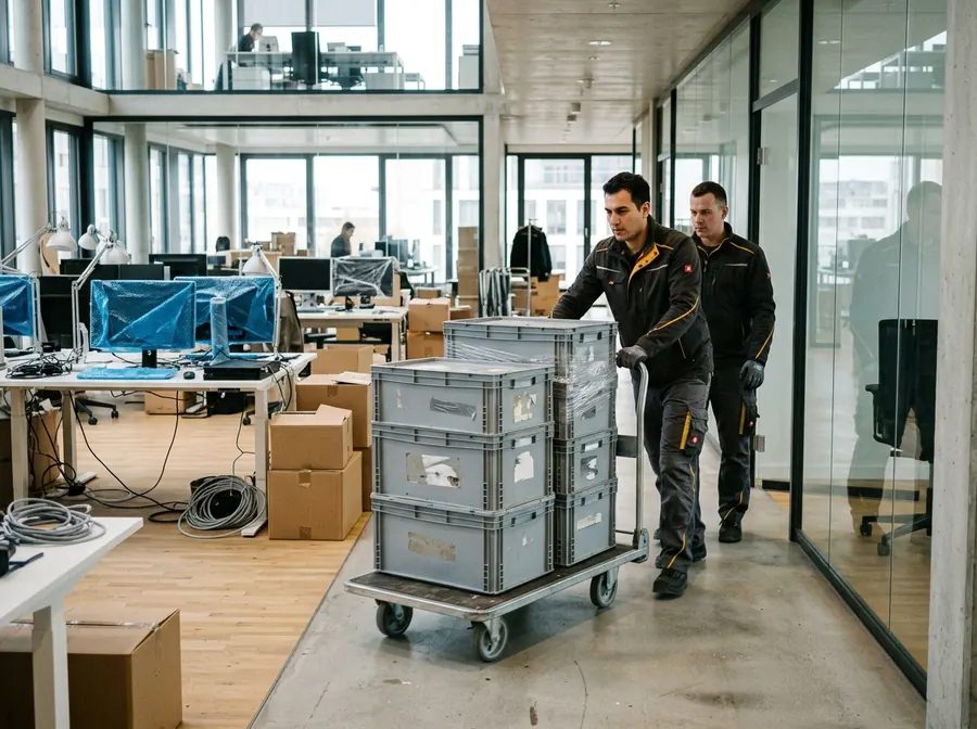 Zwei Mitarbeiter rollen Bürokisten durch ein Großraumbüro beim Firmenumzug