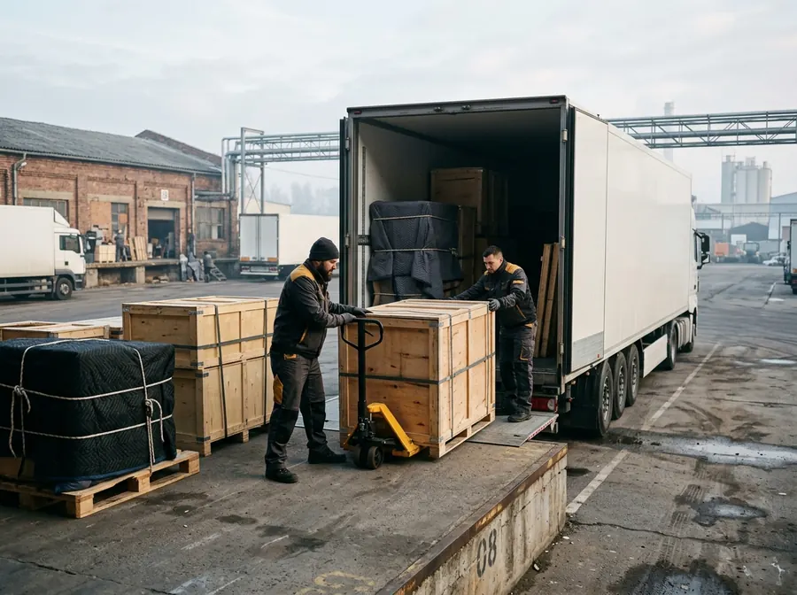 Umzugsteam verlädt gesicherte Transportkisten für einen internationalen Umzug
