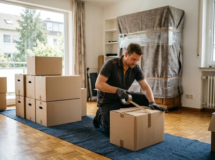 Umzugshelfer verschließt einen Umzugskarton in einer Wohnung